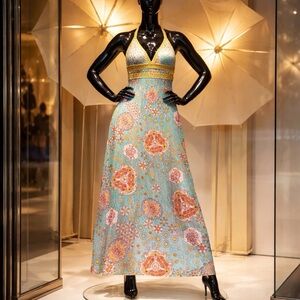 Boho Halter Maxi Dress in Aqua with Yellow Trim